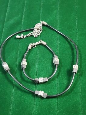 PANAMA JACK Vintage Cable Necklace & Bracelet Silver Tone Cube Beads Minimalist